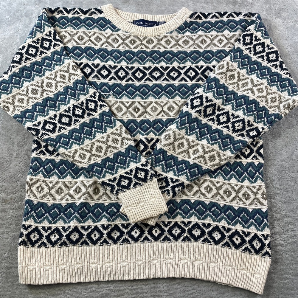 Vintage John Weitz Sweater Men XL Blue Beige Geometric 90s Fair Isle USA Holiday